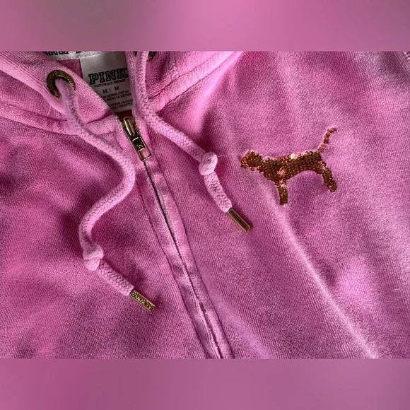 Y2K Victoria's Secret Love Pink Velour Hoodie bubblegum Pink Gold Sequin Medium - Picture 6 of 12